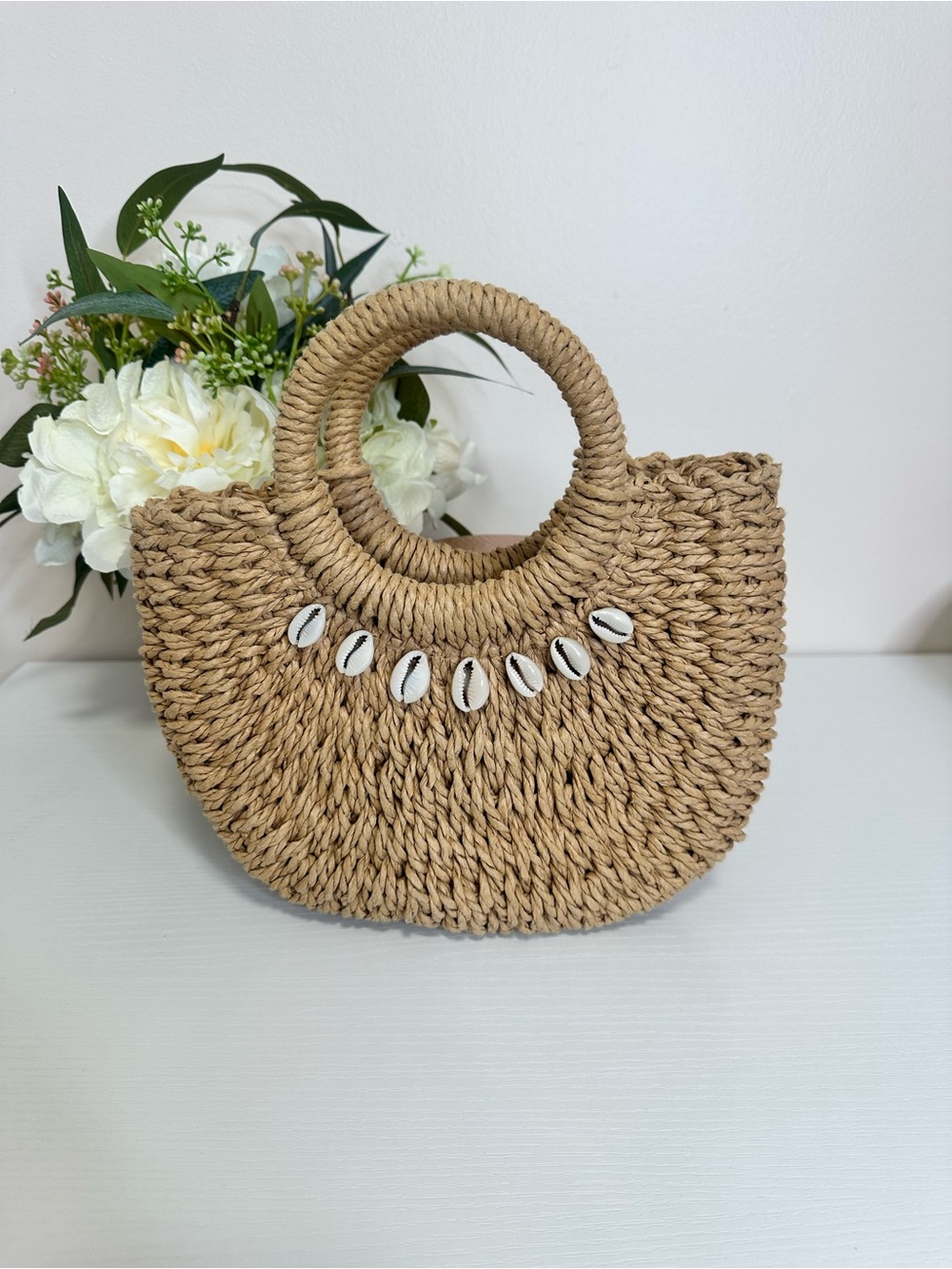 Boho Straw Shell Mini Bag / Woven Summer Beach Purse